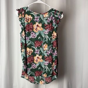 LOFT Green Floral Ruffle Sleeve Blouse